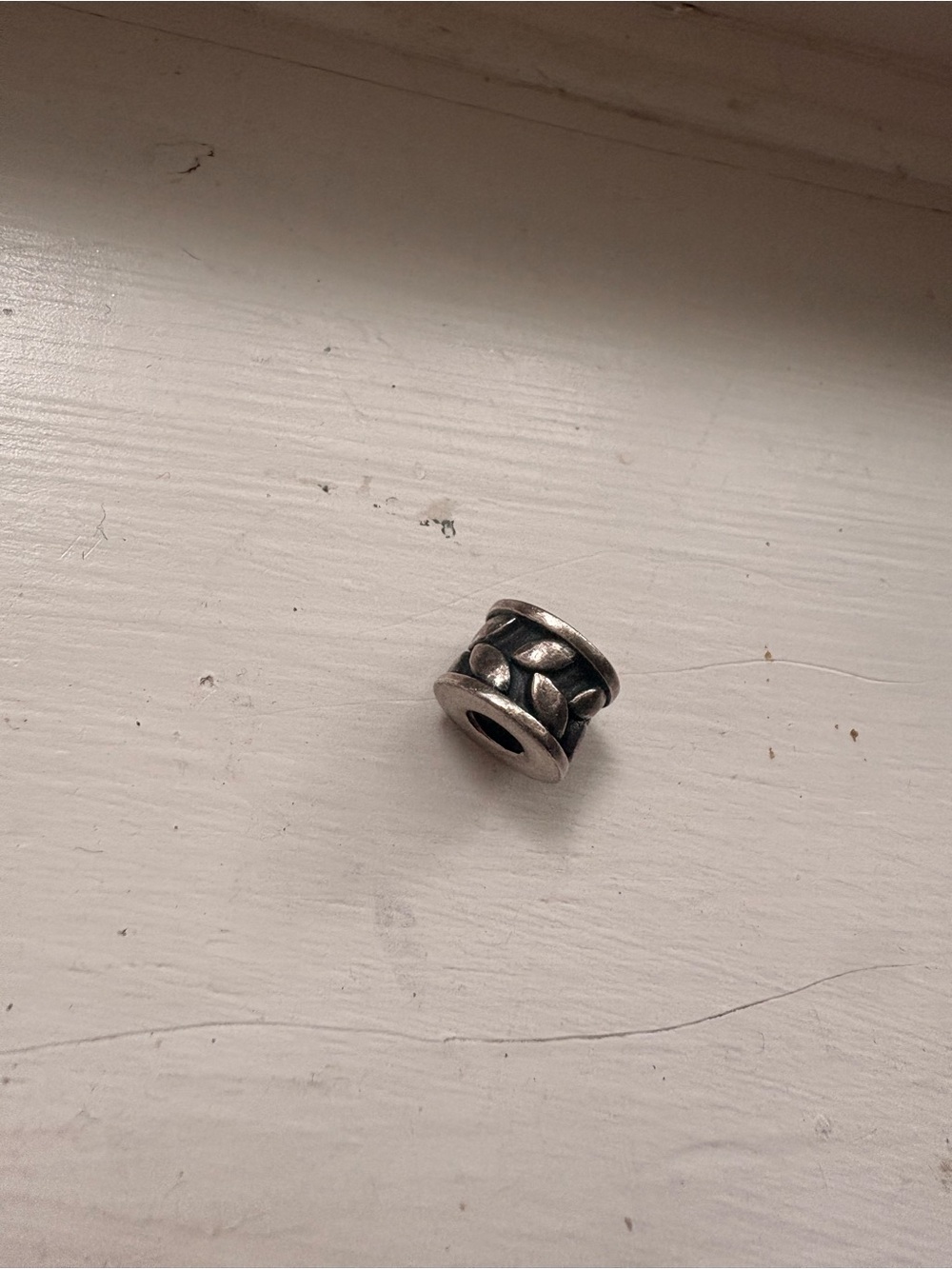 Sterling-Look Silver Barrel Bead with Leaf Detail